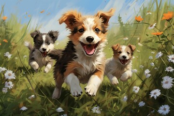 AI generated illustration of cheerful dogs playfully running through a lush grassy field