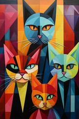 AI generated illustration of an abstract painting of vibrant cats in geometric style