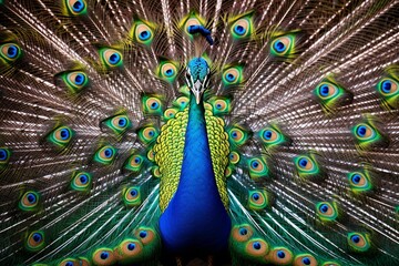 Fototapeta premium AI generated illustration of a peacock surrounded by an array of colorful flower