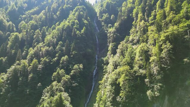 Rize cloud waterfall. Aerial view of the cloud waterfall in the nature park. Rize tourist attractions. Nature background footage. Local name tar deresi bulut selalesi