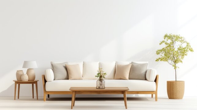 Modern white designer sofa on legs with cushions, minimalistic living room