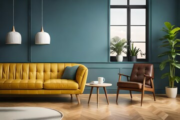 A beautiful living room , yellow sofa, , blue wall, a chair -generated by AI