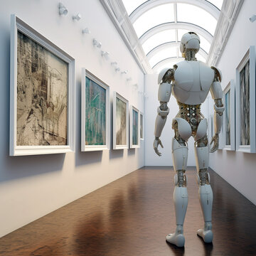 A robot in a museum looks at paintings. Modern Art Museum.