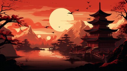 AI generated illustration of a traditional painting of a Japanese temple at sunset