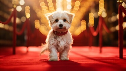 AI generated illustration of an adorable puppy running down a red carpet