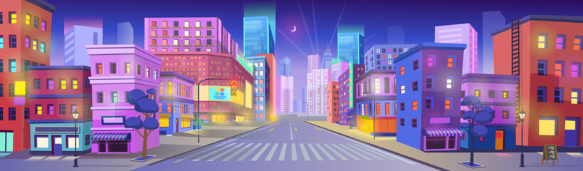Panorama city with shops, building, crossing, mall and traffic light .Vector illustration in flat style.