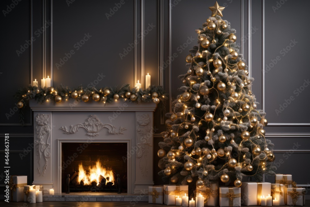 Wall mural christmas tree and burning fireplace, warm house and xmas decoration in winter holiday