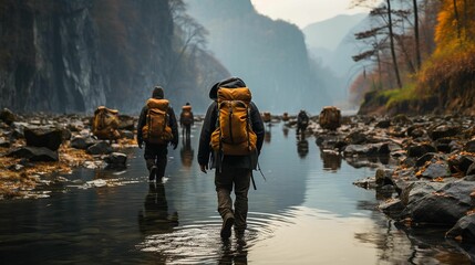 AI generated illustration of a group of adventurers traverse a picturesque mountain landscape