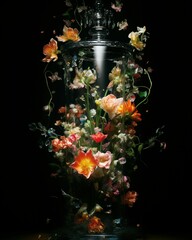 vase overflowing with a variety of colorful flowers against a dark background