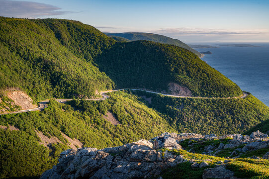 Scenic view over the horizon on the Skyline trail at dusk, Highlands national park, Nova Scotia, Canada