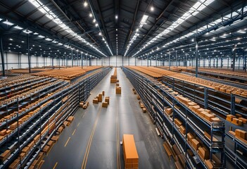 Obraz premium AI generated illustration of an expansive industrial warehouse with stacks of boxes