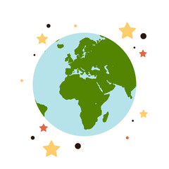 Earth globe with continents and world or planet drawn isolated on white background flat vector illustration.