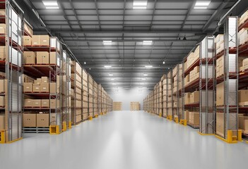 AI generated illustration of an expansive industrial warehouse with stacks of boxes
