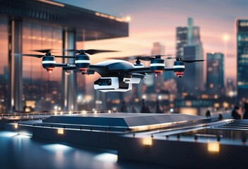 AI generated illustration of a drone with a camera hovering over a modern, urban cityscape