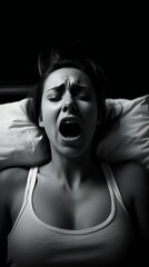 Female lies in a dark bedroom moaning with her mouth agape. Ai generated