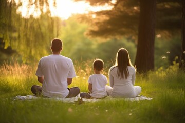 Family enjoying a sunset moment in nature while partaking in a yoga session, AI-generated.