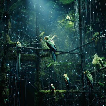 Flock of parakeets perched in a row of trees, AI-generated.
