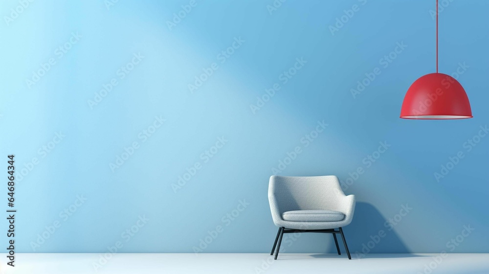 Poster ai generated illustration of a white chair in a modern room with a blue wall and a red hanging light