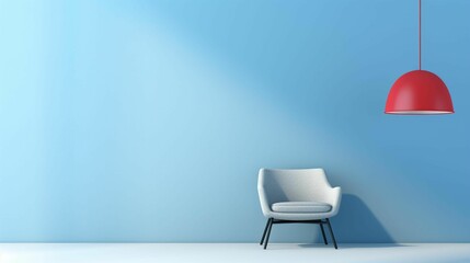 AI generated illustration of a white chair in a modern room with a blue wall and a red hanging light