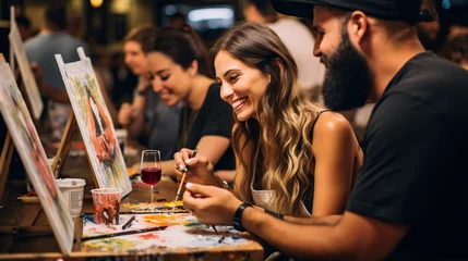 Fotobehang Pint Painting Night: Friends enjoy a creative evening of painting while sipping craft beers © siripimon2525