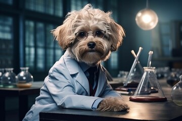 AI generated illustration of an adorable Maltipu dog wearing a lab coat atop a table - obrazy, fototapety, plakaty