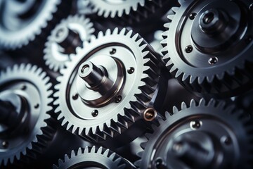 AI generated illustration of a close-up of various metal gears arranged in a group