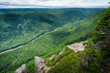 Fototapeta na wymiar Wonderful view over the valley from Franey trail on a nice summer day, Highlands, national park, Cape Breton island, Nova Scotia, Canada