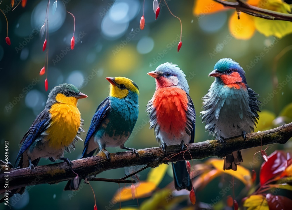 Wall mural ai generated illustration of a flock of birds perched atop a lush, green tree branch