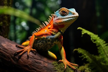Naklejka premium AI generated illustration of A vibrant lizard perched upon a branch surrounded by lush green foliage