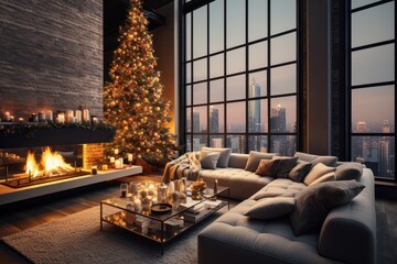 Fototapeta na wymiar Christmas tree and burning fireplace, warm living room with Xmas decoration, Winter holiday celebration