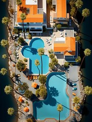 AI generated illustration of aerial top view of a resort with swimming pools and palm trees