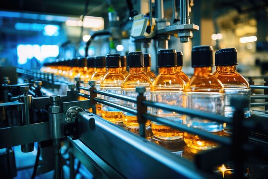 Process Of Beverage Manufacturing On A Conveyor Belt At A Factory.