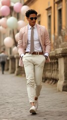 Fototapeta premium AI generated illustration of a young adult male walking down a city street wearing a pink blazer