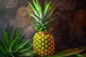 a vibrant yellow pineapple with a textured skin and a crown of green leaves