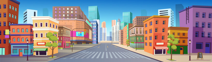 Panorama city with shops,  building, crossing,  mall  and traffic light .Vector illustration in flat style. © NADEZHDA