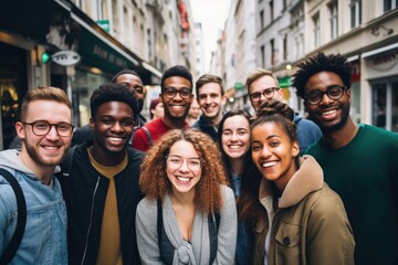 Group of Multi-ethnics college students friends at the downtown street. Photography of friendship in urban street in town background.