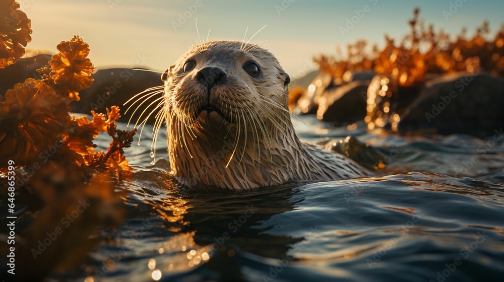 Poster ai generated illustration of an otter swimming in a tranquil lake among plants