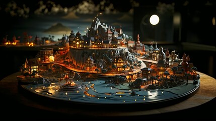 AI generated illustration of a picturesque quaint glowing town design on a platform