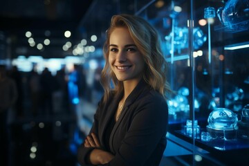 Young female professional standing with arms crossed in a technology laboratory