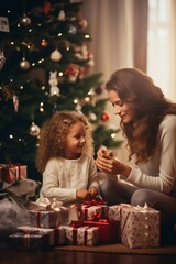 Fototapeta na wymiar Toddler girl and mother, at Christmas in living room with Christmas presents and tree, empty copy space Generative AI