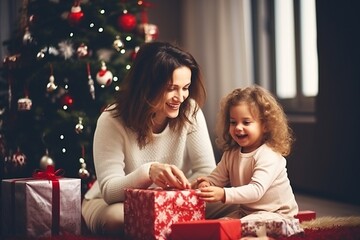 Obraz na płótnie Canvas Toddler girl and mother, at Christmas in living room with Christmas presents and tree, empty copy space Generative AI