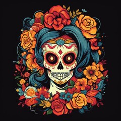 AI generated illustration of a festive Day of the Dead skull adorned with vibrant roses
