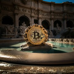 AI generated illustration of a bitcoin on a background of an ancient architecture