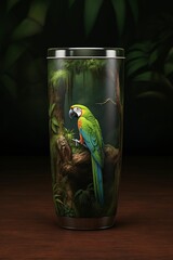 AI illustration of a ceramic mug with a vibrant tropical design featuring a colorful parrot