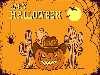 Halloween Pumpkin cowboy vector illustration. Pumpkin wearing cowboy hat with howdy text and American desert cactuses. Vector hand darwn line style illustration card background. - 646866150