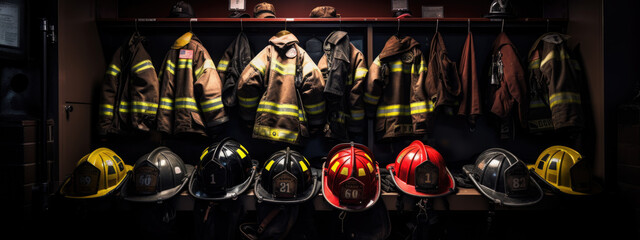 Firefighters gear hangs on hooks