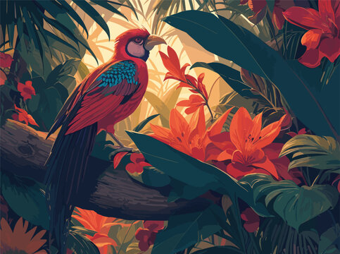 "Illustrate a complex vector composition portraying a tropical jungle oasis at dawn, with the first light of day illuminating the scene, revealing the intricate details of the exotic flowers and the