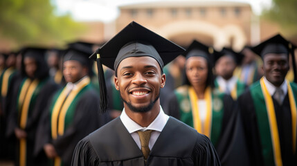 Happy smiling graduating student guy in an academic gown standing in front of other alumni