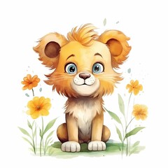 Obraz na płótnie Canvas AI generated illustration of a baby lion cub resting in a wild grass and flower field