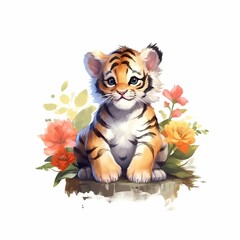 AI generated illustration of a young tiger cub on a white background in watercolor
